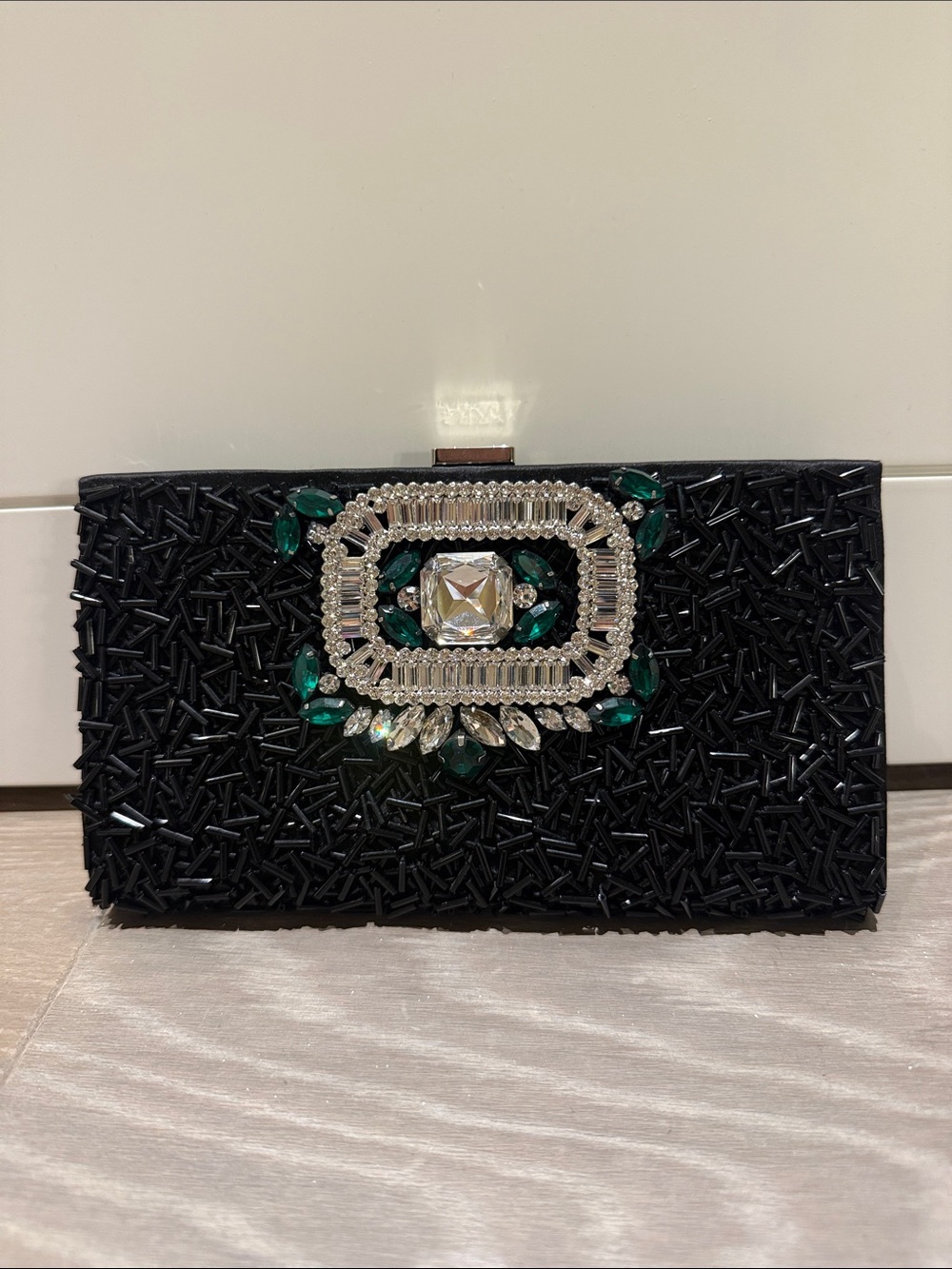 Embellished Black Evening Clutch with Emerald Accents